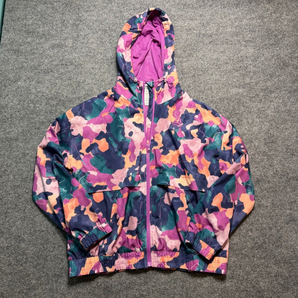 Reebok Windbreaker Jacket Large Multicolor Abstract Watercolor Hooded Full Zip